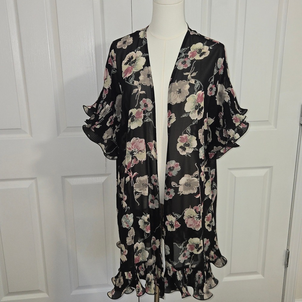 Watermelon Kimono Wrap Women Large Black Floral Pleated Ruffle Sheer WJ8100